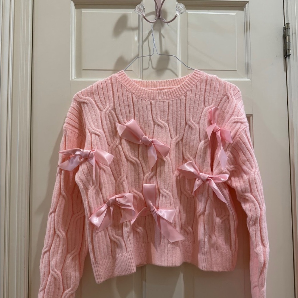Storia Pink Crew Neck Sweater with Ruffles and Bows